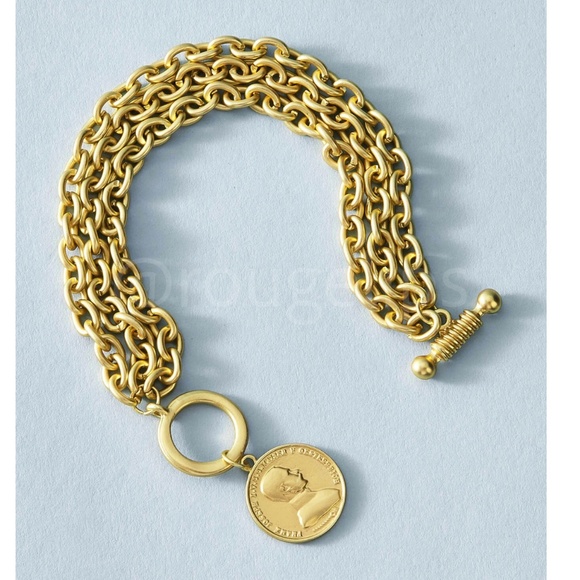 Coin Medallion Charm Rhinestone Gold Tone Chain Dangle Bracelet - Picture 3 of 6
